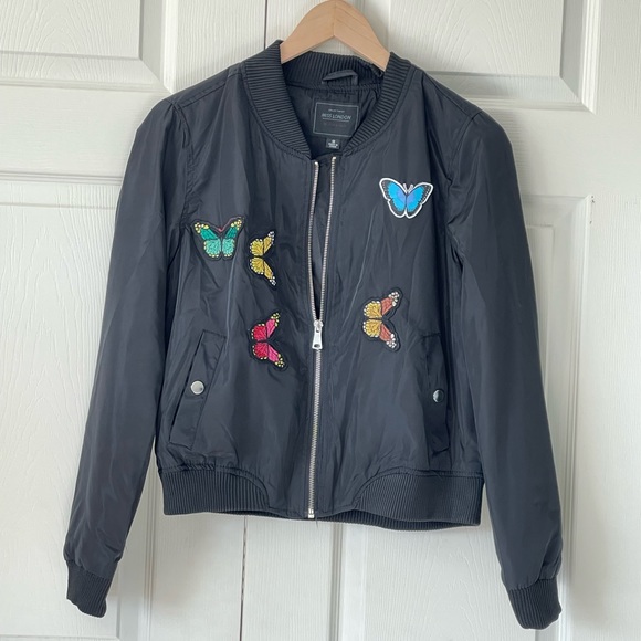 Miss London black bomber jacket W/butterfly appliqué - Picture 1 of 11